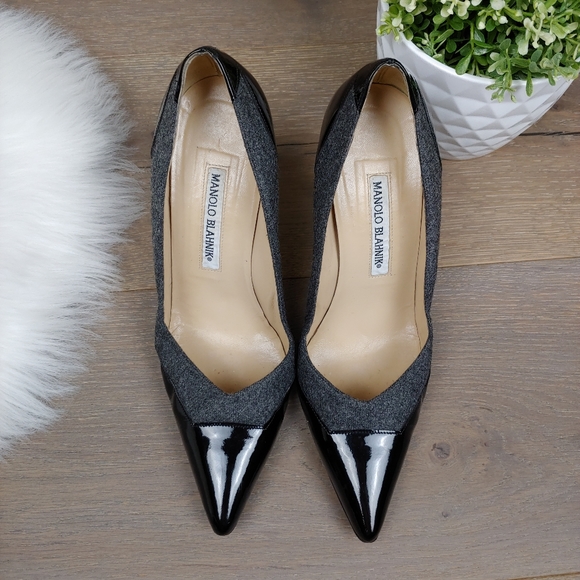 Manolo Blahnik Shoes - Manolo Blahnik Bottera Flannel & Patent Tip Pump